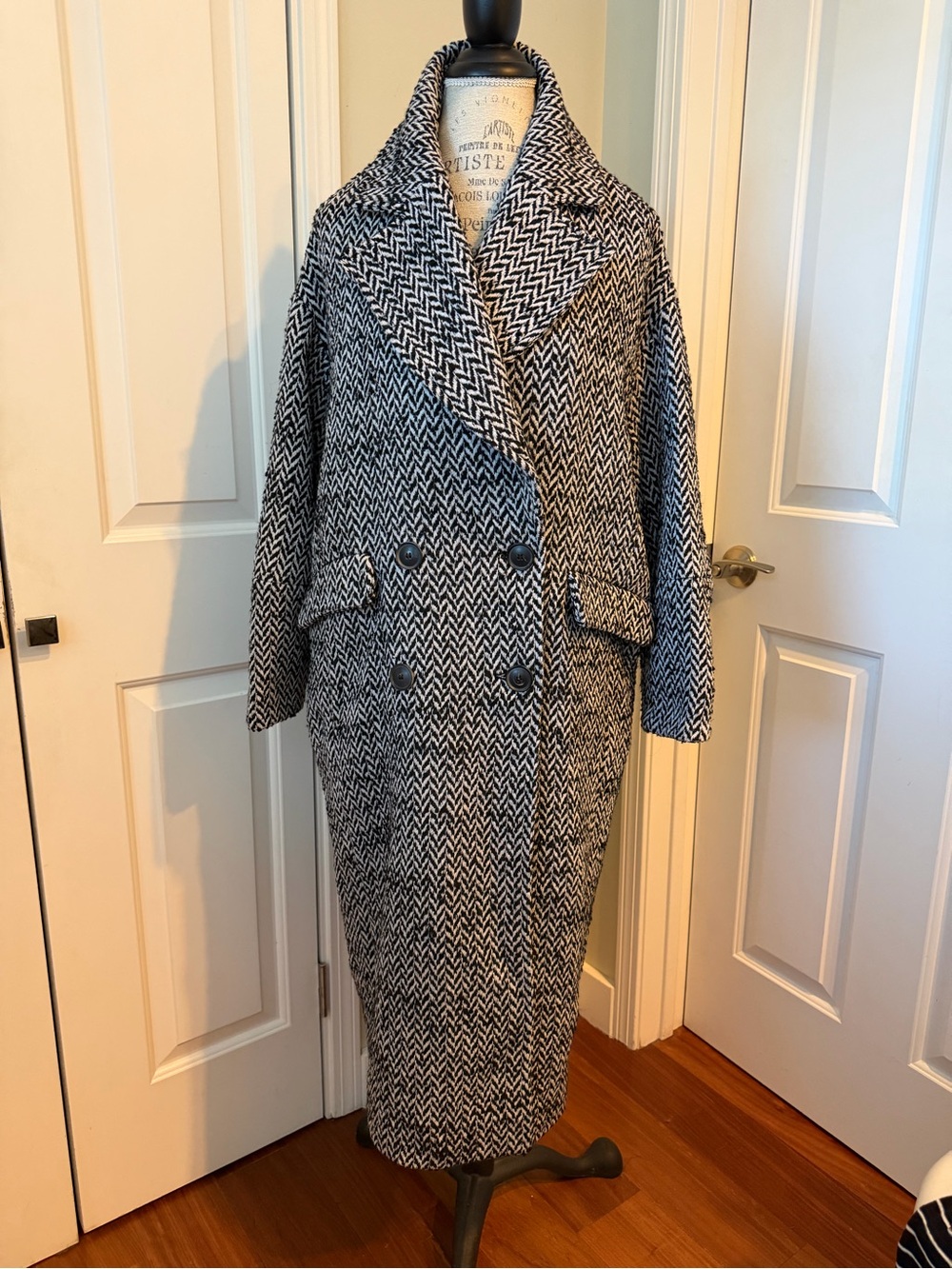 Classic Black & White Herringbone Long Coat - Women